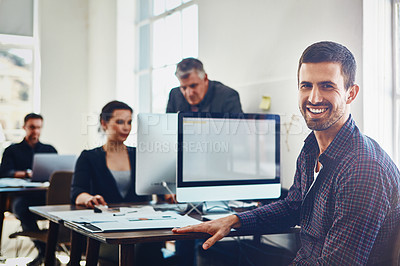 Buy stock photo Man, portrait and happy in office with computer for research and development for company with technology. Business people, conversation and collaboration for problem solving and email proposal.