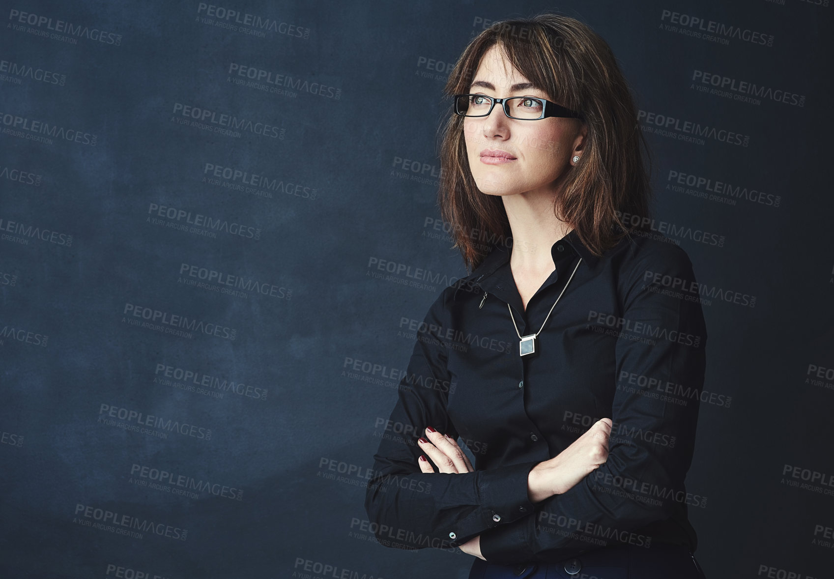 Buy stock photo Corporate, woman and thinking with pride in studio of decision, policy choice and administration. Female person, arms crossed and glasses for legal solution, management experience and dark background