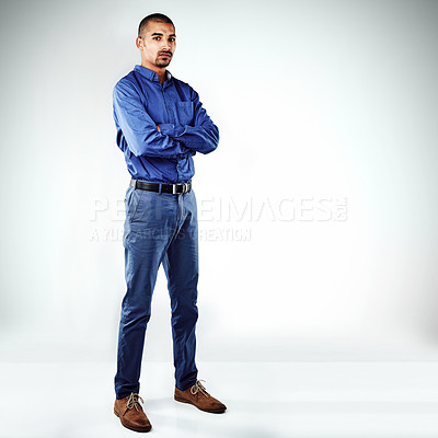 Buy stock photo Arms crossed, portrait and serious with business man in studio for ambition, challenge or mission. Confident, mockup and space with employee on white background for agency or career development