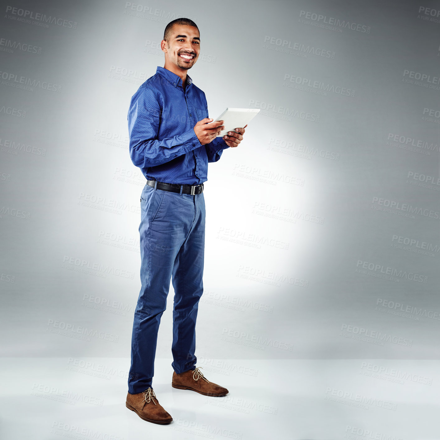 Buy stock photo Happy, portrait or businessman with tablet in studio for creative design, project or development on a white background. Male person, designer or model with smile or technology for app on mockup space
