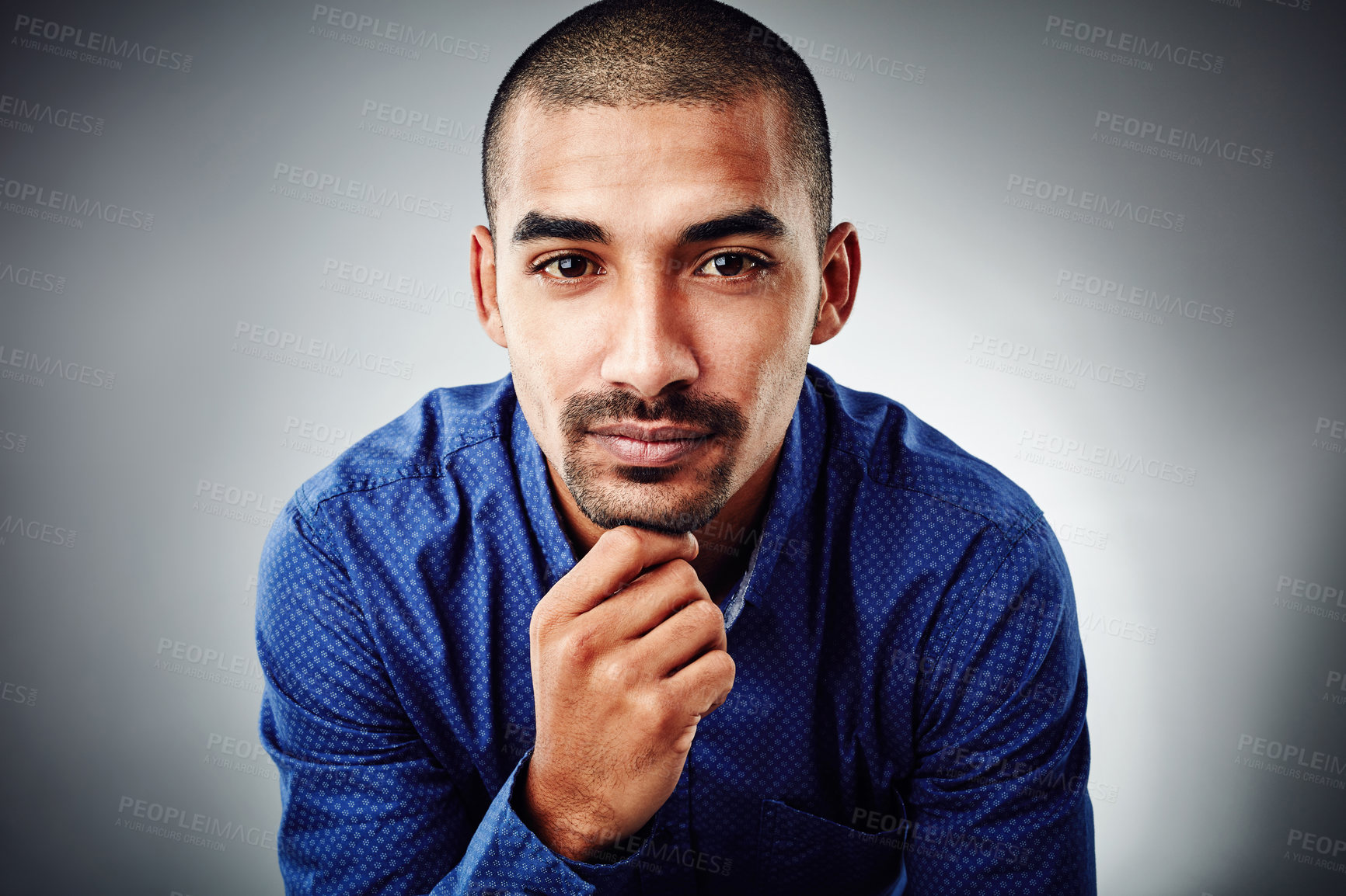 Buy stock photo Professional, portrait and solution with business man in studio for ambition, inspiration or opportunity. Mission, planning and thinking, employee on gray background for agency or career development