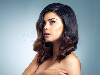 Buy stock photo Hair care, thinking and young woman in studio with keratin treatment for idea, salon or shampoo glow on gray background. Body, aesthetic and model in thought for remember, fresh texture or cosmetics