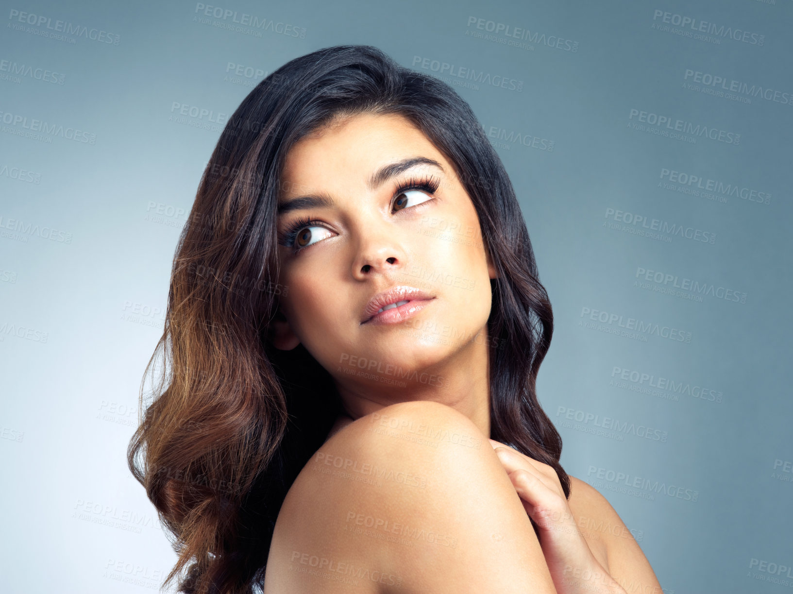 Buy stock photo Hair care, thinking and woman in studio with treatment for idea, salon or shampoo glow on gray background. Body, aesthetic and young model in thought for remember, fresh texture or cosmetics