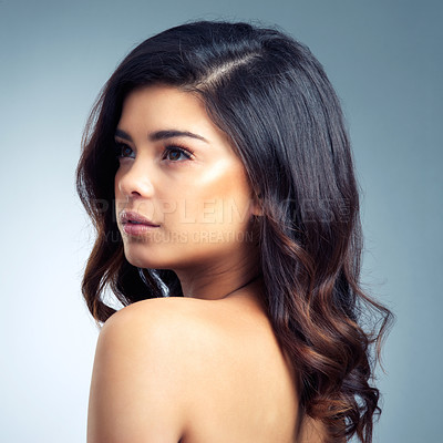 Buy stock photo Hair, thinking and woman in studio with calm reflection, cosmetics or balayage ideas on grey background. Beauty, questions and model with diy highlights, tips or self care treatment, results or glow