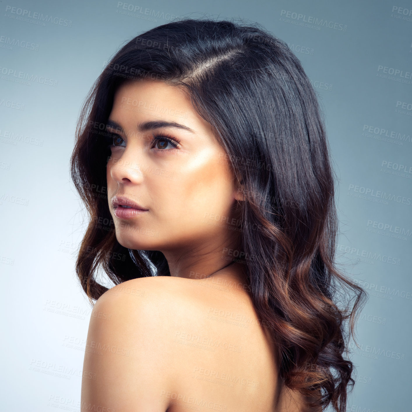 Buy stock photo Hair, thinking and woman in studio with calm reflection, cosmetics or balayage ideas on grey background. Beauty, questions and model with diy highlights, tips or self care treatment, results or glow