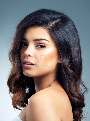 Buy stock photo Studio, portrait and girl for hair care, makeup and maintenance of shiny curls. Female model, benefits and results of texture treatment for hairstyle, beauty or keratin for growth by gray background