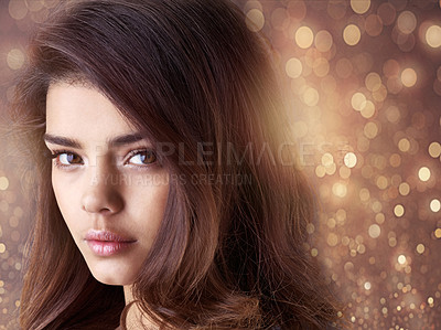 Buy stock photo Hair, beauty and portrait of girl with bokeh for wellness, cosmetics or shampoo shine results on light background. Haircare, face or gen z model with texture, growth and volume pride or satisfaction
