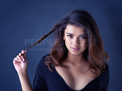 Buy stock photo Hair care, salon and portrait of woman with beauty, cosmetic and natural treatment for confidence. Wellness, health and female person with shampoo routine for shiny hairstyle by studio background.