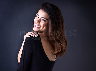 Buy stock photo Studio, portrait and woman for hair care, beauty and maintenance of shiny curls. Female model, benefits and results of texture treatment for hairstyle, makeup or keratin for growth by dark background