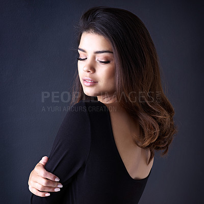 Buy stock photo Studio, calm and woman for hair care, beauty and maintenance of shiny curls. Female person, benefits and results of texture treatment for hairstyle, makeup and keratin for growth by dark background