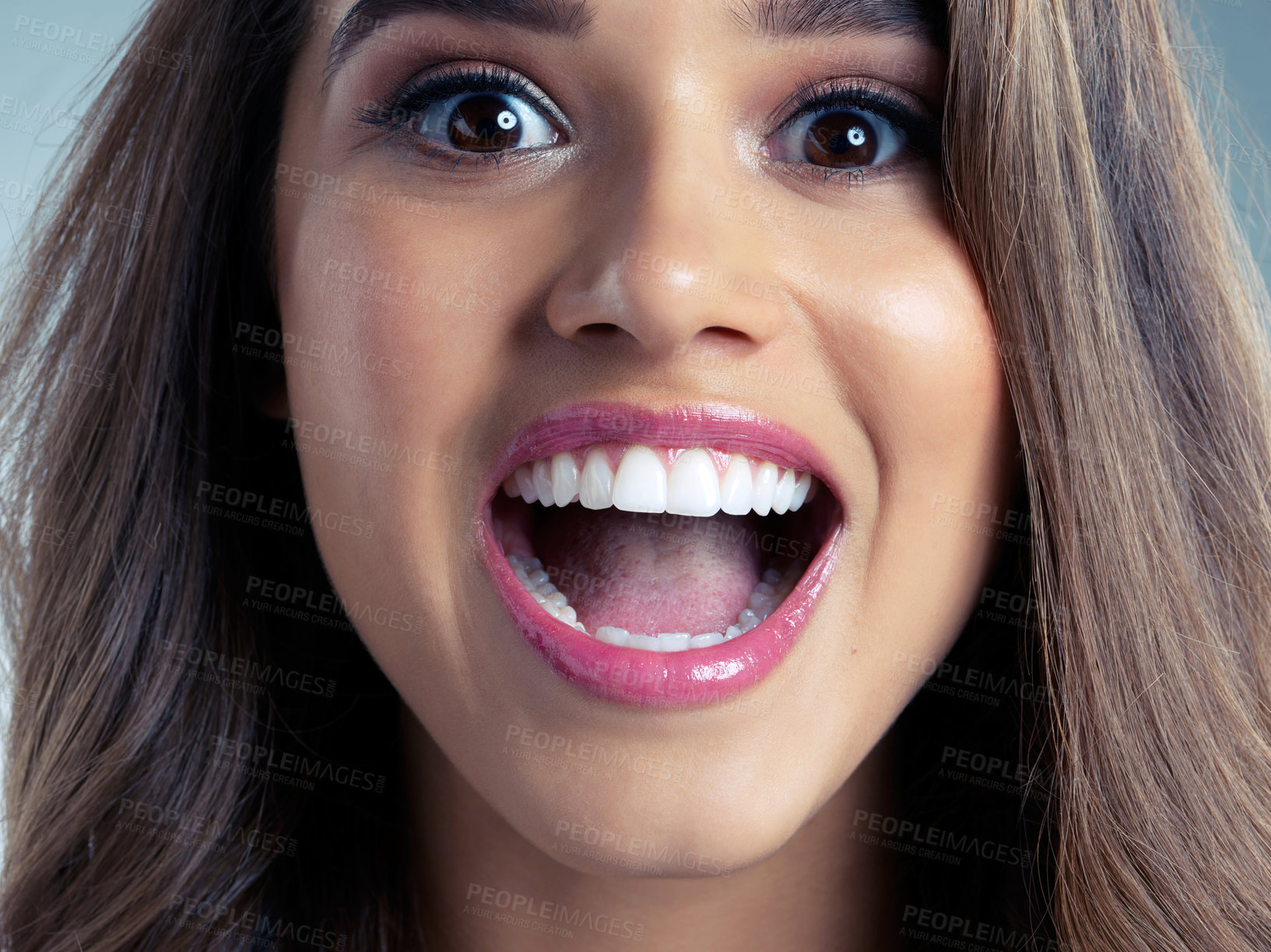 Buy stock photo Beauty, mouth and wow with portrait of woman in studio for reaction to aesthetic wellness. Cosmetics, surprise or teeth and shocked face of confident model for dermatology, makeup or lipstick