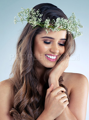 Buy stock photo Woman, hand and flower crown for beauty, skincare and organic for wellness on white background. Smile, plant and natural cosmetics for female model person, studio and grooming for facial product