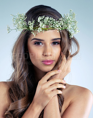 Buy stock photo Woman, hand and flower crown for beauty, skincare and organic for wellness on white background. Portrait, plant and natural cosmetics for female model person, studio and grooming for facial makeup