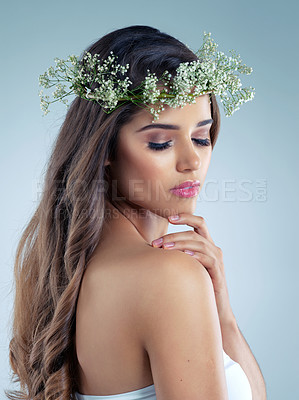 Buy stock photo Woman, hand and flower crown for beauty, skincare and organic for wellness on white background. Face, wreath and natural cosmetics for female model person, studio and grooming for cosmetology