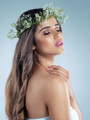 Buy stock photo Woman, hand and flower crown for beauty, skincare and organic for wellness on white background. Face, wreath and natural cosmetics for female model person in studio and makeup for cosmetology