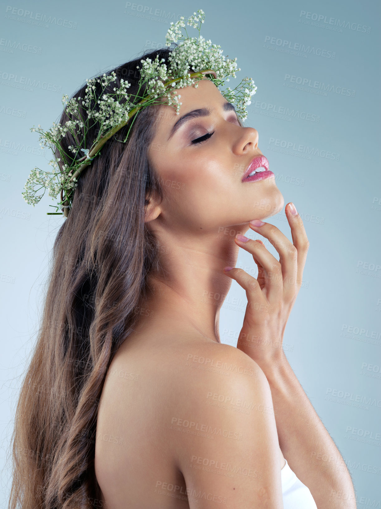 Buy stock photo Woman, hand and flower crown for beauty, skincare and organic for wellness on white background. Luxury, plant and natural cosmetics for female model person, studio and grooming for facial product