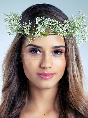 Buy stock photo Woman, portrait and flower crown for beauty, skincare and organic for wellness on white background. Smile, wreath and natural cosmetics for female model person, studio and grooming for cosmetology