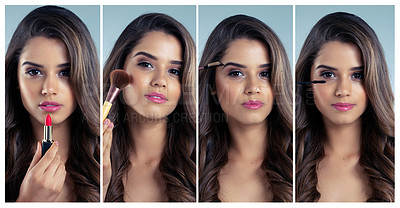 Buy stock photo Composite image of a beautiful young woman applying make-up