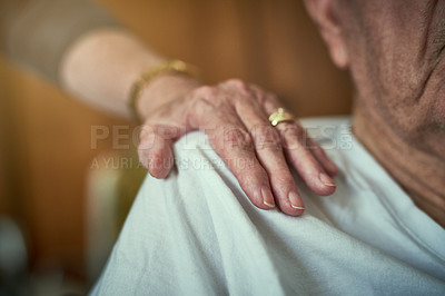 Buy stock photo Elderly man, shoulder and hands in support of husband for wellness, empathy and person with disability. Senior male, solidarity and couple with care for healing or hope after infertility results