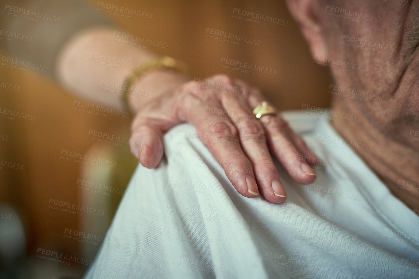 Buy stock photo Elderly man, shoulder and hands in support of husband for wellness, empathy and person with disability. Senior male, solidarity and couple with care for healing or hope after infertility results