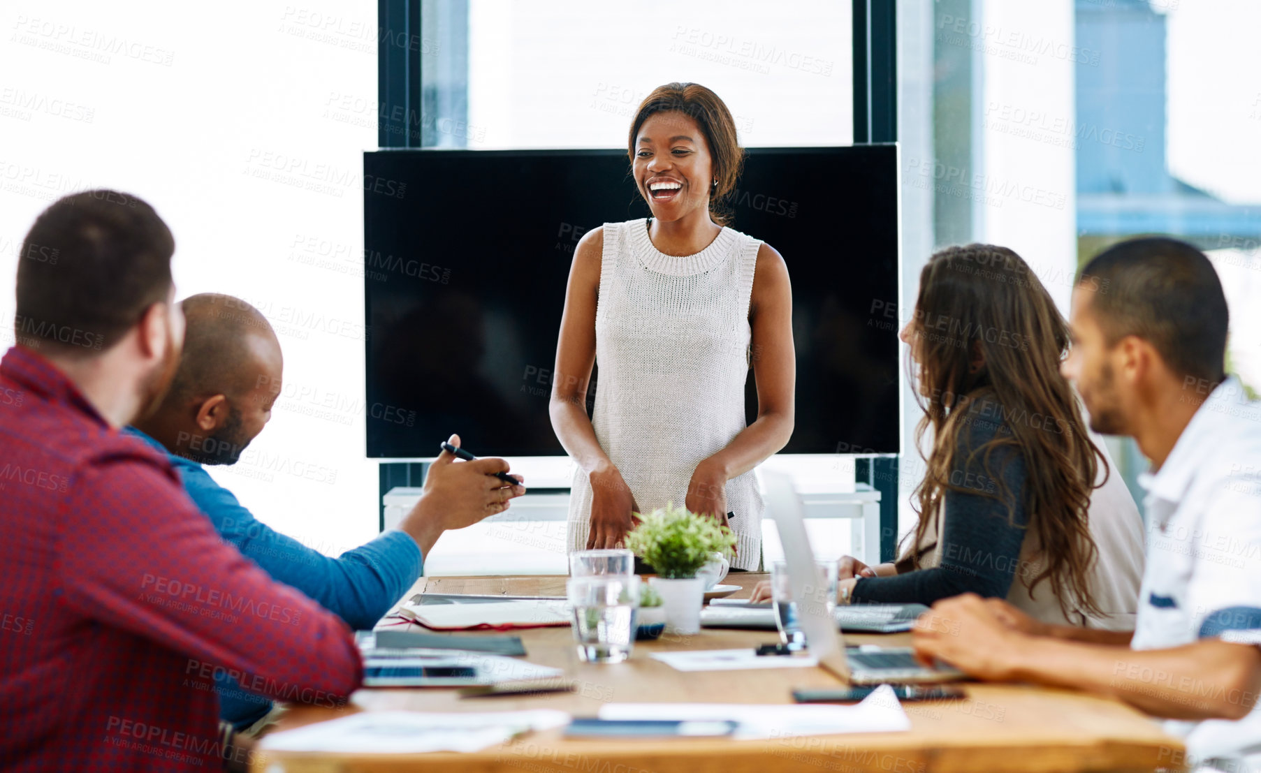 Buy stock photo Workplace, business people and woman for presentation, feedback and discussion with staff. Creative agency, manager and colleagues in office for listening, taking notes or paying attention to updates