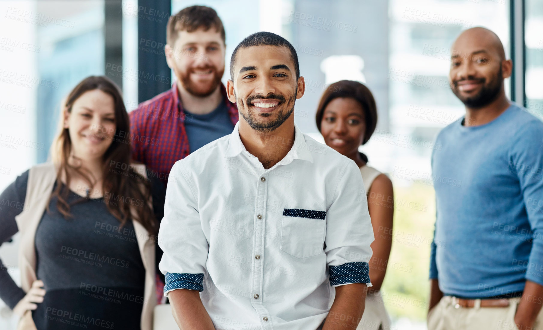 Buy stock photo Portrait, businessman and leadership in office for project, management and development. Diversity, team of designers and happy together in conference room for collaboration and international company