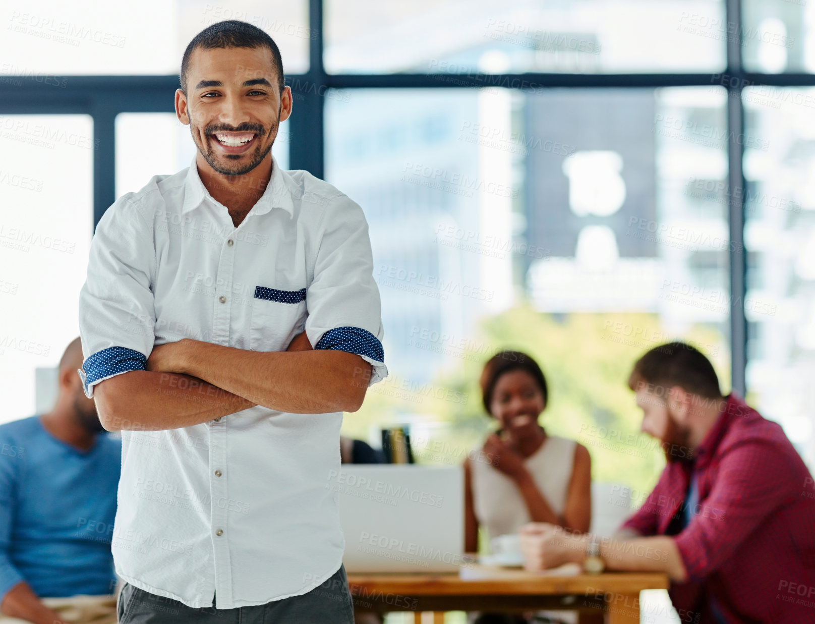 Buy stock photo Arms crossed, happy portrait and businessman or leadership in conference room for company meeting. Collaboration, management and male person with team for career and planning or startup in workplace