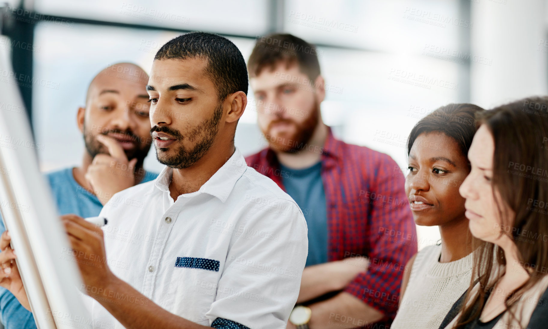 Buy stock photo Business people, board and writing for team building in office, support and collaboration. Employees, creative agency and planning for company growth, solidarity and brainstorming for sales mission