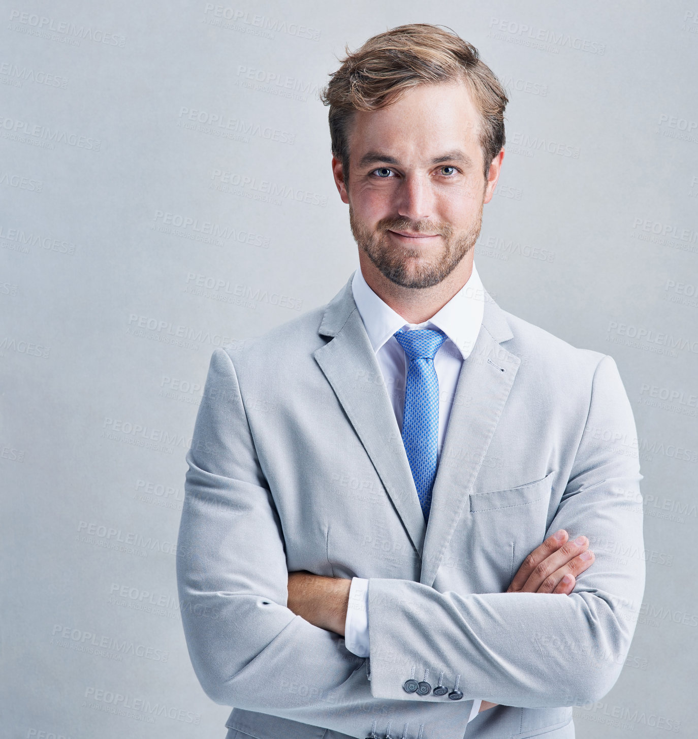 Buy stock photo Portrait, suit and business man with arms crossed in studio for corporate career or job in France. Face, confident and professional entrepreneur, employee or consultant isolated on white background