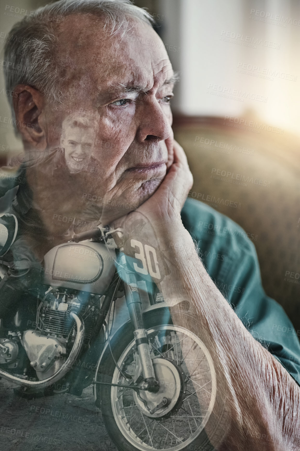 Buy stock photo Memory, senior man and retirement in nursing home with nostalgia for motorbike and double exposure. Thinking, depression and Alzheimers or mental health and treatment for male person in living room