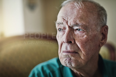 Buy stock photo Elderly, man and sad with thinking of grief in retirement home with remember, nostalgia and memory on sofa. Senior, person and lonely with alzheimers, depression and thoughtful on couch with mockup