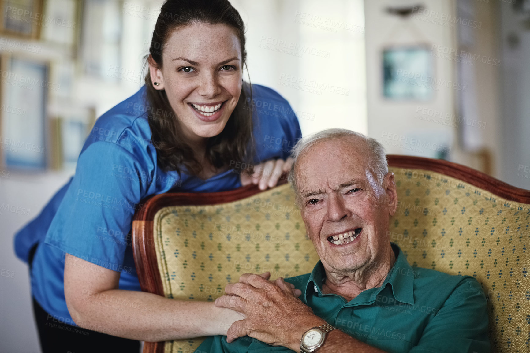 Buy stock photo Senior, happy man and portrait with nurse for support, elderly care or trust together in healthcare at old age home. Male person, medical caregiver or volunteer with patient in retirement at house
