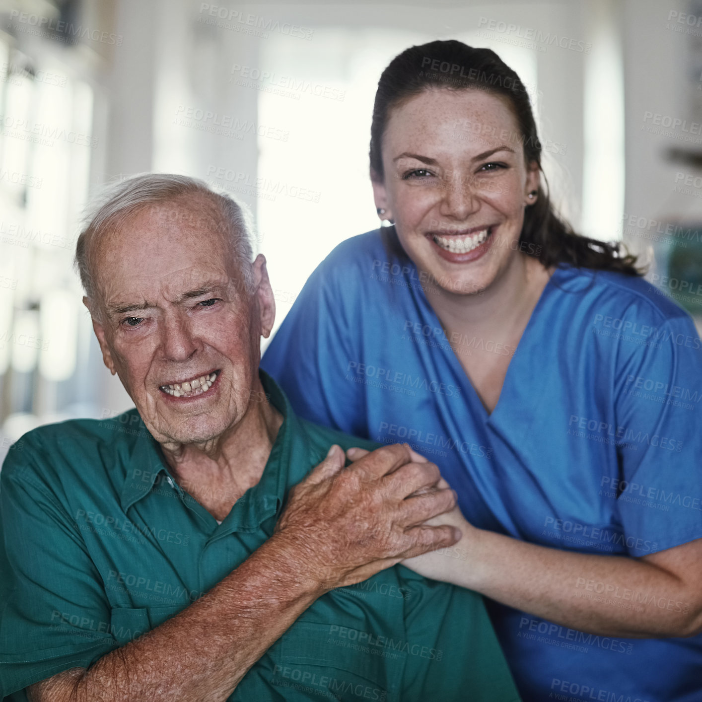 Buy stock photo Senior, happy man and portrait with caregiver in healthcare for support, elderly care or trust together at old age home. Male person, medical nurse or volunteer with patient in retirement at house