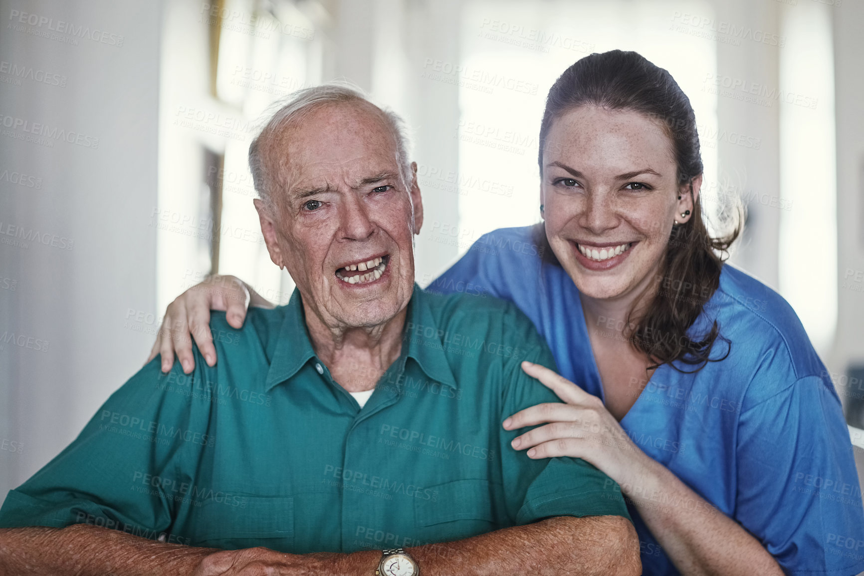 Buy stock photo Senior, happy patient and portrait with caregiver in healthcare for support, elderly care or trust together at old age home. Male person, medical nurse or volunteer with man in retirement at house