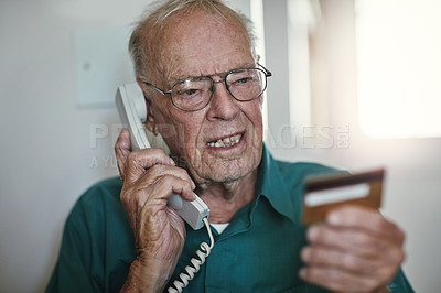 Buy stock photo Senior man, telephone and call with debit card for banking, finance or reading instruction on account at home. Elderly male person talking with credit in financial problem, retirement or pension fund