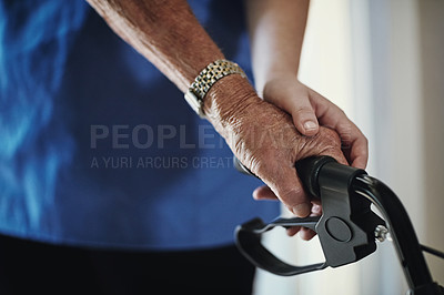 Buy stock photo Support, senior person and caregiver for retirement and homecare with walker, health and wellness. Medical assistance, people and patient for rehabilitation, nursing and physiotherapy in living room