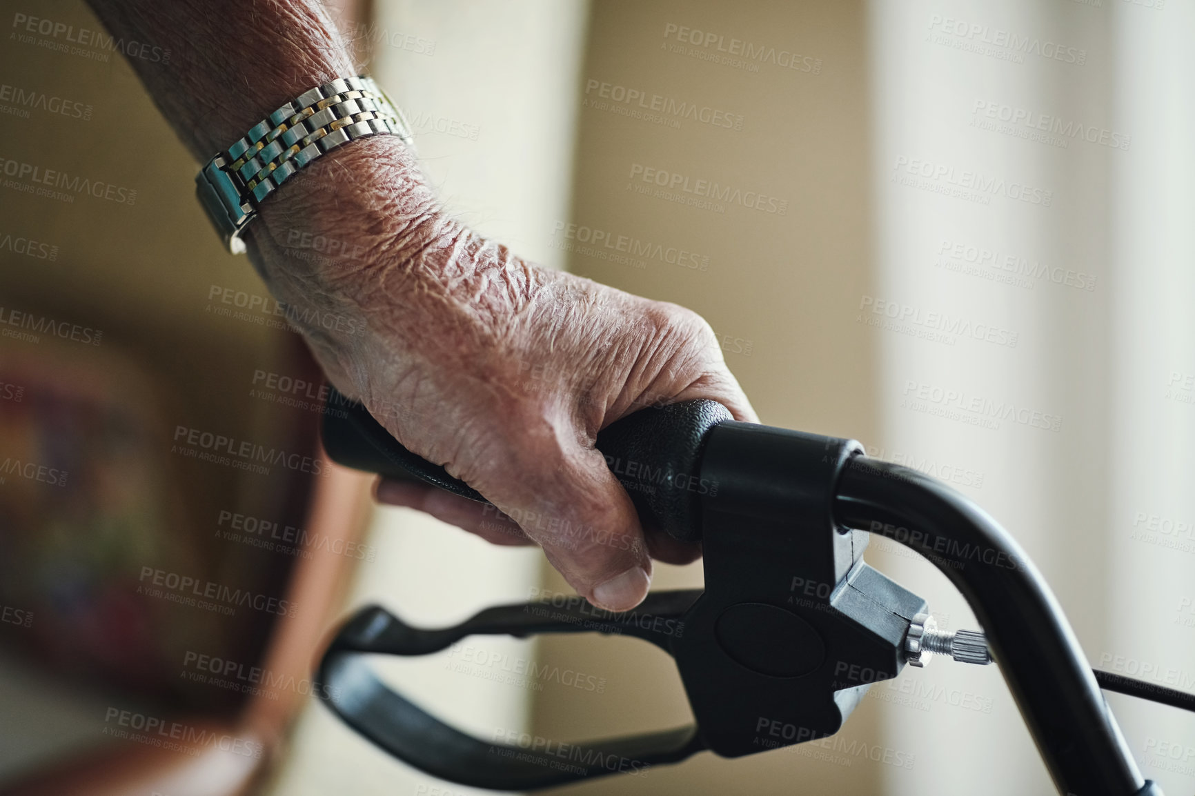 Buy stock photo Elderly person, hands and walker for support or retirement in home with healthcare and wellness. Assistance, arthritis and patient with disability for rehabilitation, injury and recovery in lounge