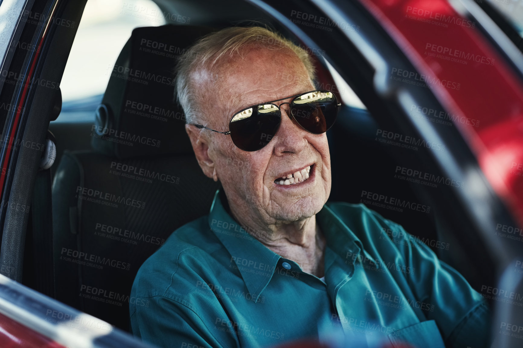 Buy stock photo Senior man, sunglasses and driving in car for retirement, adventure and travel in city or town. Road trip, elderly male person or driver and confidence for journey or vacation with transportation 