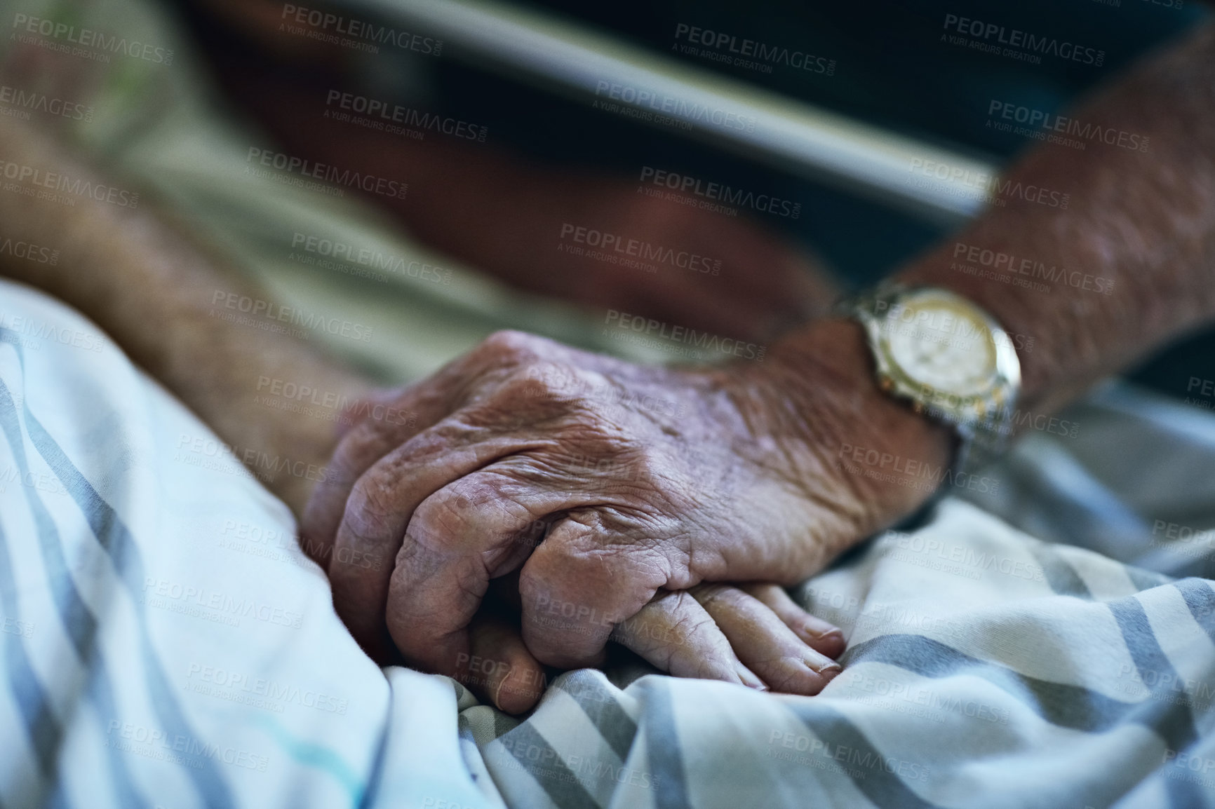 Buy stock photo Senior people, holding hands and visit with hospital, closeup and elderly care or love together. Elderly person, couple and relationship with medical checkup, help and empathy for surgery recovery