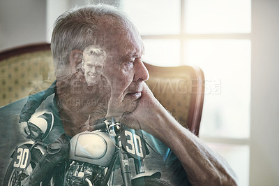 Buy stock photo Superimposed shot of a senior man sitting by himself
