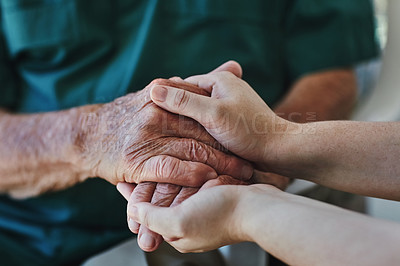 Buy stock photo Support, senior man and woman holding hands with care, love and empathy while together for closeup. Hand of elderly male and person for hope, trust and kindness or help with life insurance and health