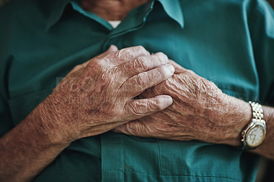 Buy stock photo Senior man, hands on chest and heart attack, sick or medical emergency. Pain, cardiology and elderly male person with cardiac arrest, heartburn or stroke, breathing problem or retirement health risk.