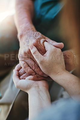 Buy stock photo Senior man, woman and holding hands for support with care and empathy while together for closeup. Hand of elderly male and person for hope, trust and kindness or help with life insurance and health
