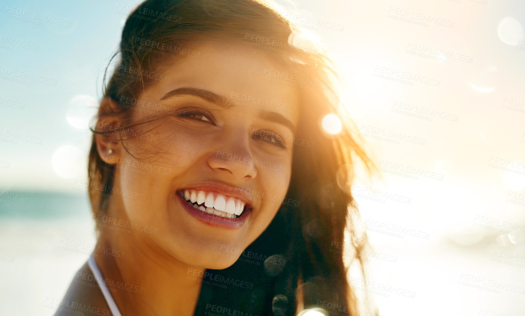 Buy stock photo Woman, portrait and smile on beach for holiday, vacation and summer adventure or ocean outdoor. Tourist, nature and Miami for freedom, confidence and weekend travel with swimsuit for happiness