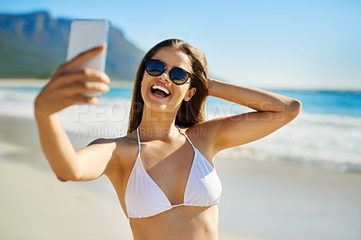 Buy stock photo Selfie, excited and woman with sunglasses by beach on vacation, holiday or getaway for travel blog. Happy, seaside and person with photography picture for memory by ocean for tropical weekend trip.