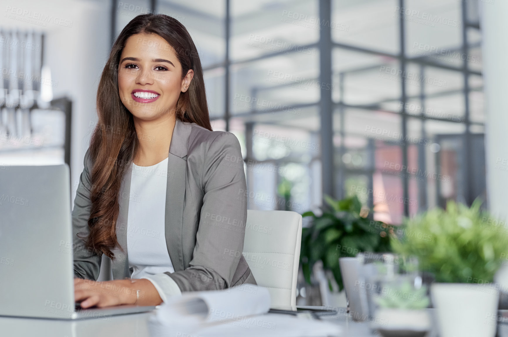 Buy stock photo Accounting, typing or portrait of businesswoman on laptop for online research, fintech or profit evaluation. Face, happy or economist with technology for company revenue growth, report or investment