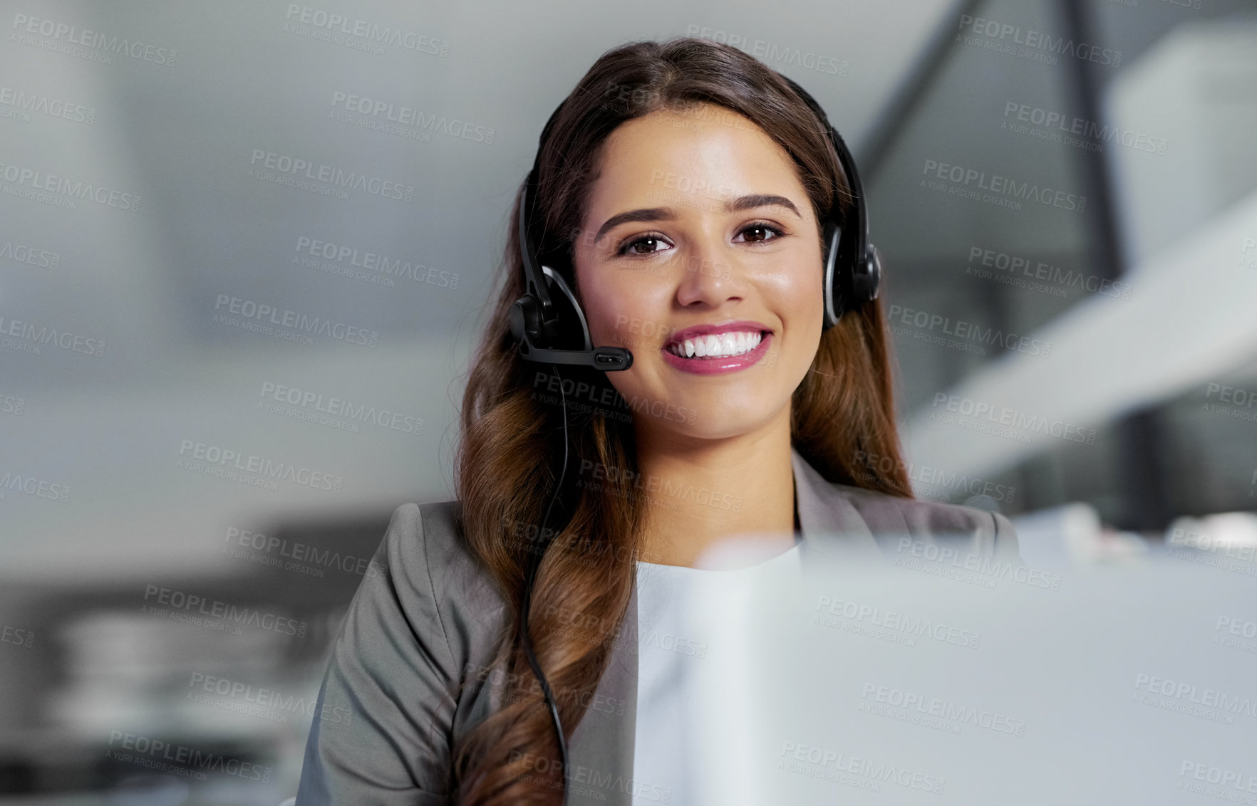 Buy stock photo Woman, call center and portrait with consulting in office for customer service, support or telemarketing. Smile, headset and consultant with tech at work for ecommerce, communication or inbound sales