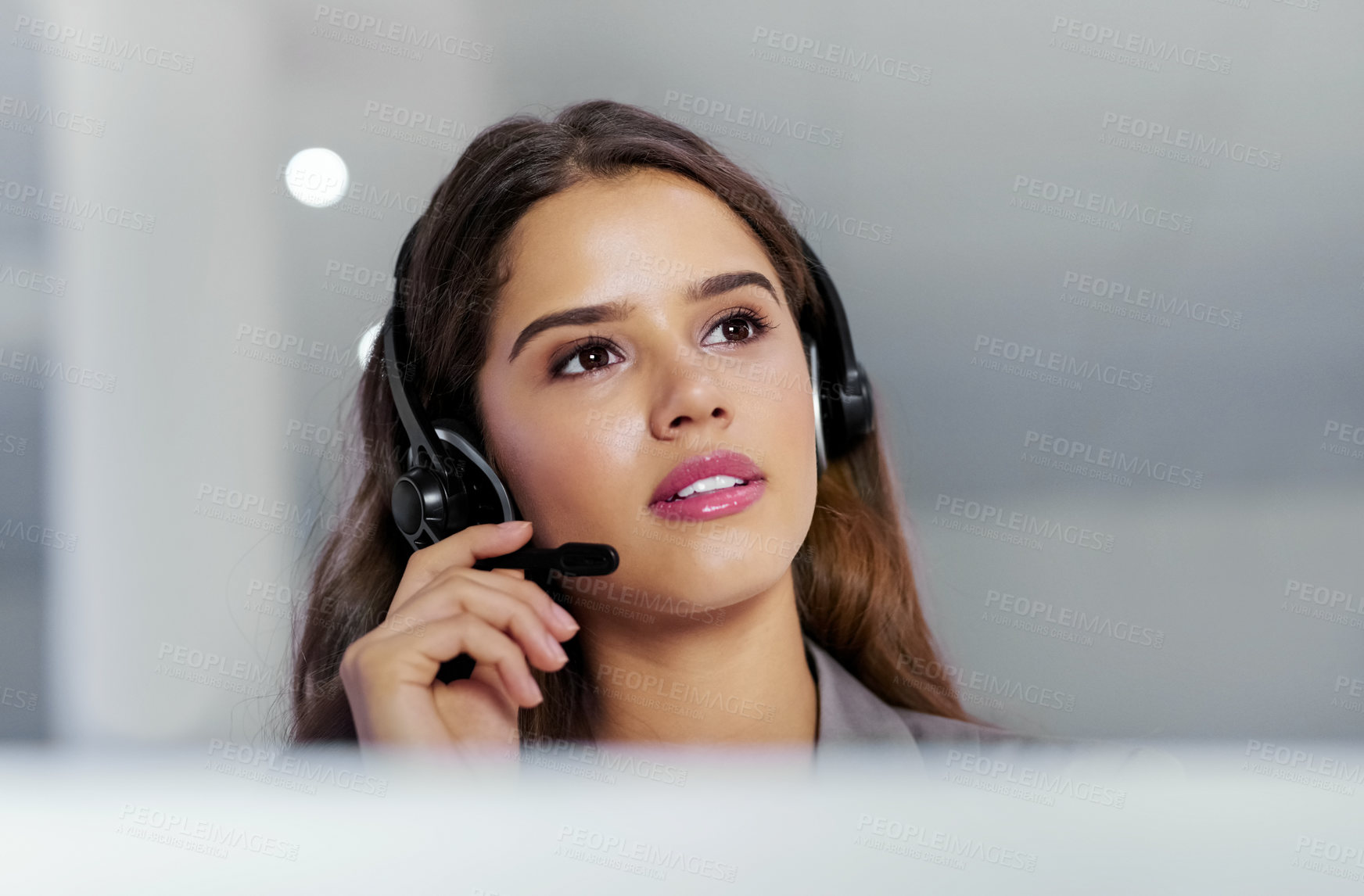 Buy stock photo Woman, call center and thinking with consultation in office for customer service, support or ecommerce. Consultant, headset and agent with technology for telemarketing, communication or inbound sales