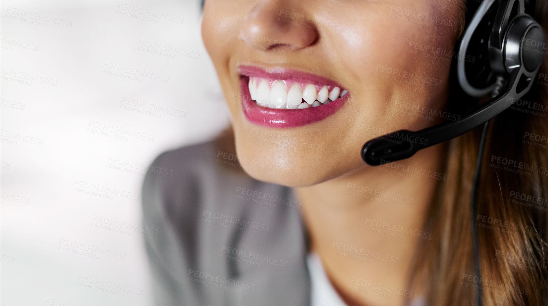 Buy stock photo Call centre, mouth and woman with microphone for telemarketing, support and consulting as service. Office, professional agent or female advisor with headset to listen, communication and help