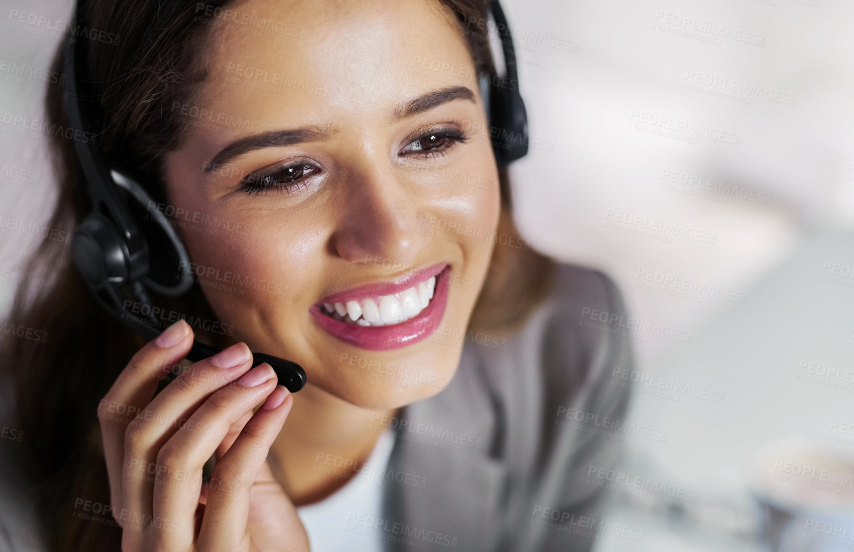 Buy stock photo Call center, communication and woman with microphone for telemarketing, support and consulting as service. Office, professional agent or female advisor with headset to listen, questions and help